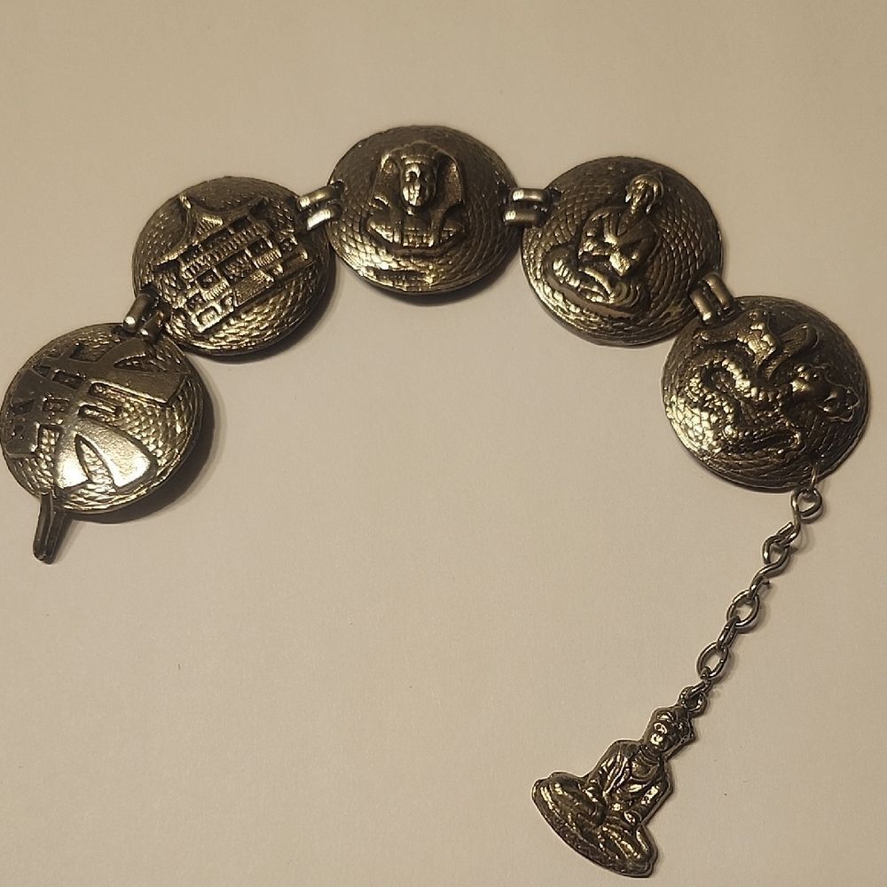 Chinese Revival Vintage Bracelet Silver Tone Souvenir Tourist Panel Link China